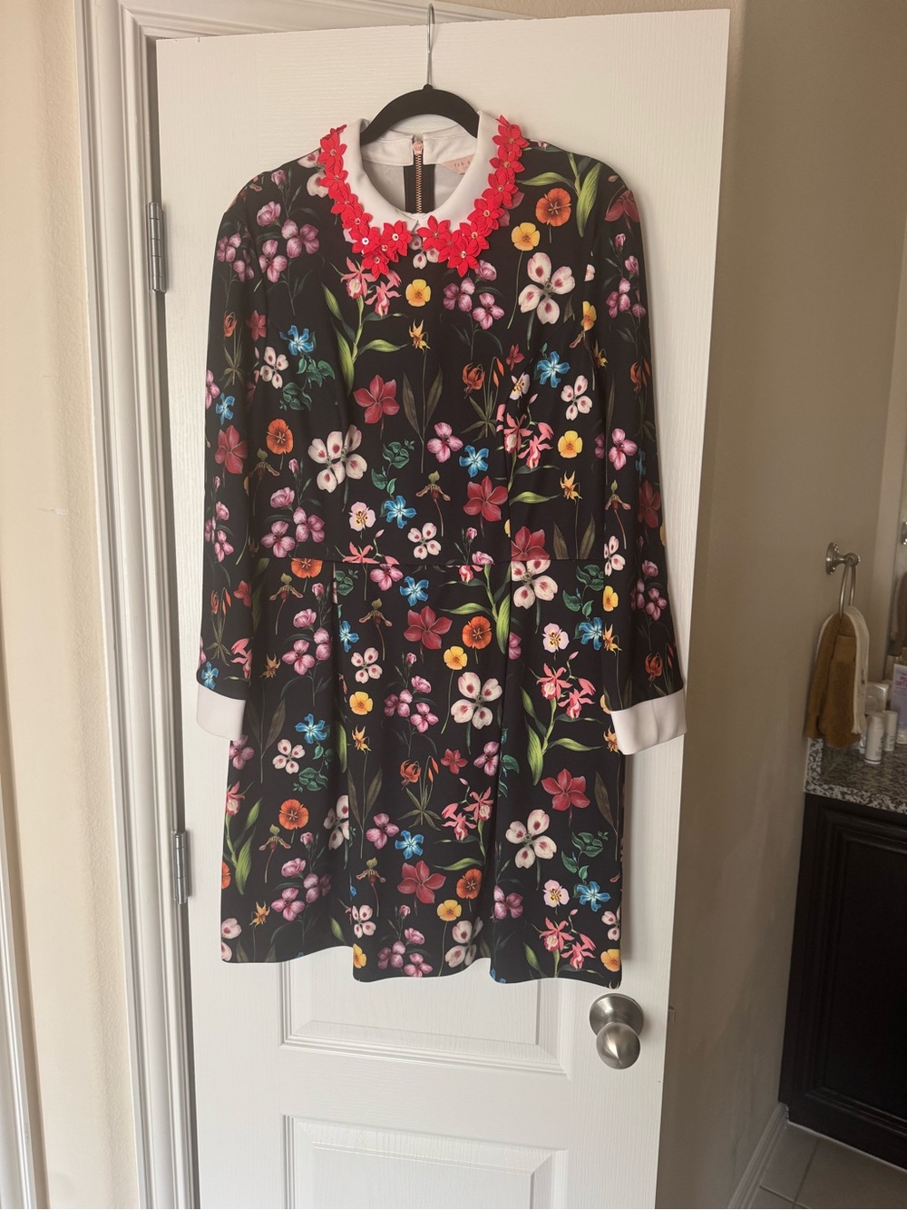 Size 5 Ted Baker Black Floral Dress with Red Flower Collar